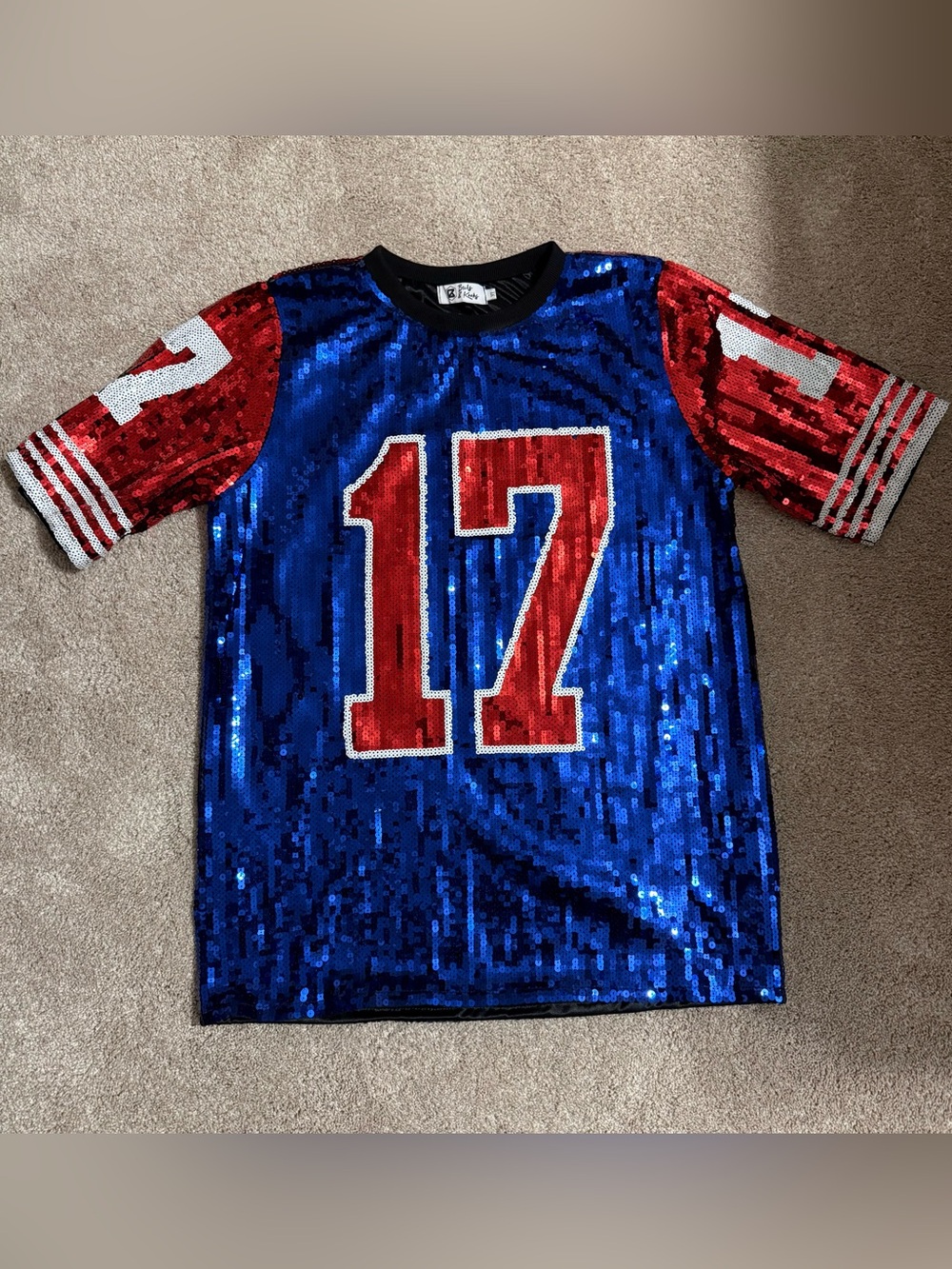 NWT Buffalo Bills Football Sequin Jersey Top with Red Number 17 in Blue and Red
